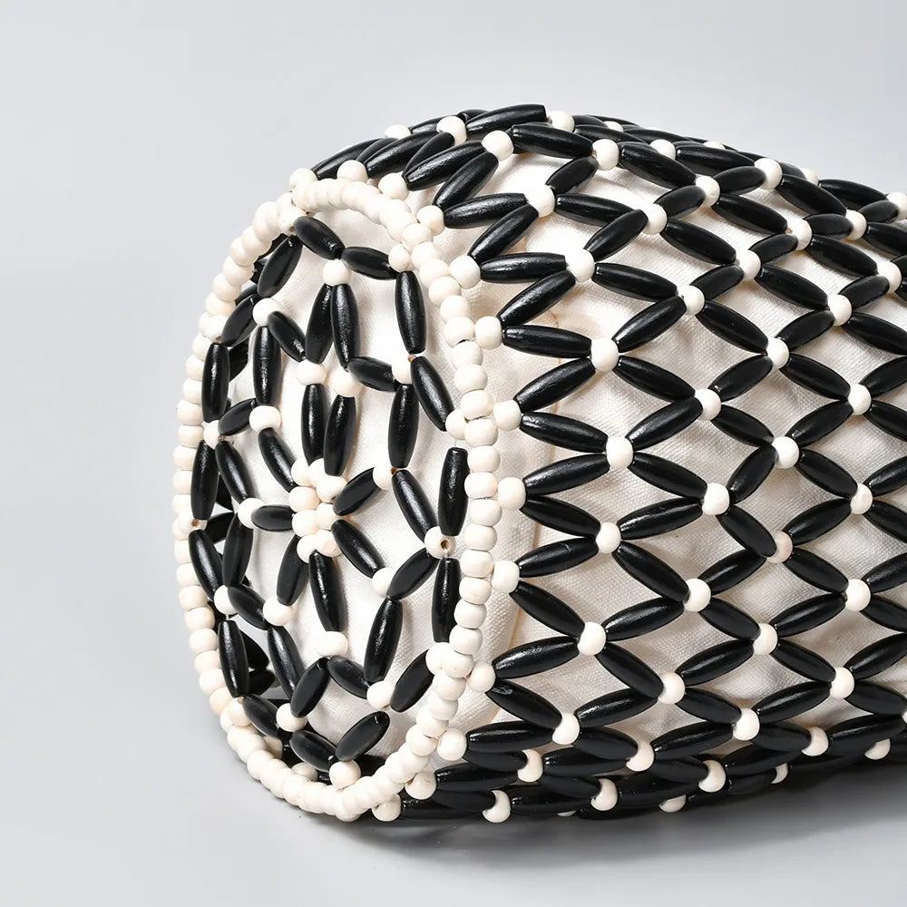 Women Woven Hand Bag Exquisite Design Hollow-out Wooden Bead Tote Bucket Shoulder Bag Female Handmade Beaded Handbag