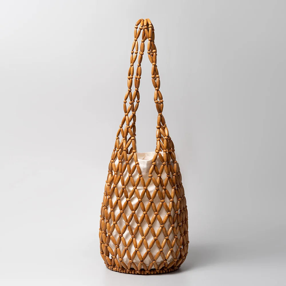 Women Woven Hand Bag Exquisite Design Hollow-out Wooden Bead Tote Bucket Shoulder Bag Female Handmade Beaded Handbag