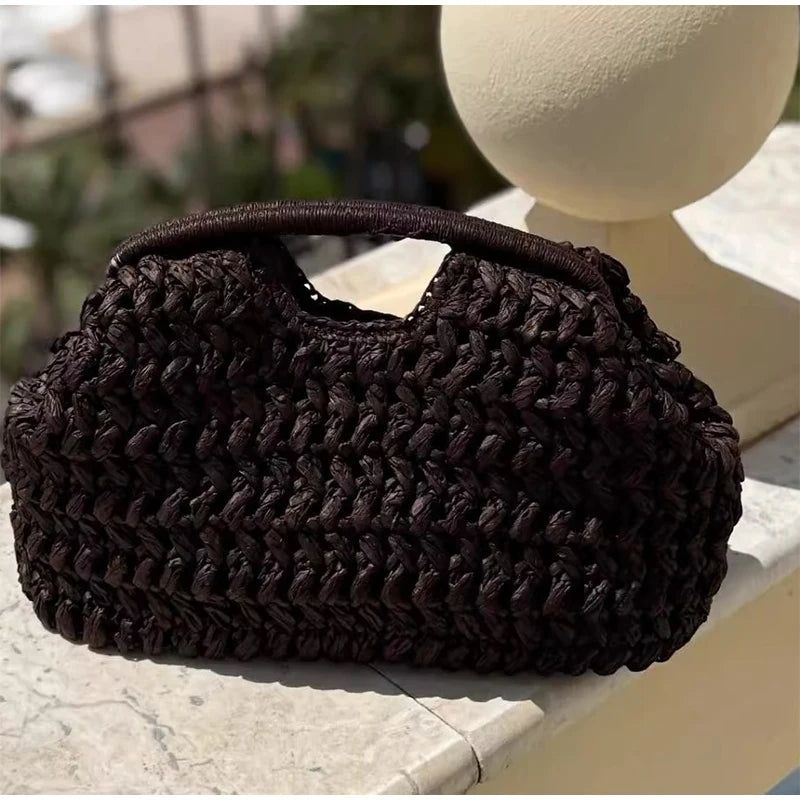 Natural Fiber Snap Clutch Bag,Spanish Seaside Women's Straw Woven Handbag,Summer Beach Travel Vacation Evening Elegant Purse