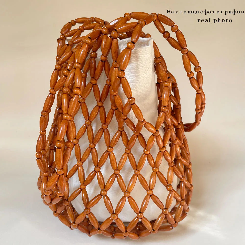 Women Woven Hand Bag Exquisite Design Hollow-out Wooden Bead Tote Bucket Shoulder Bag Female Handmade Beaded Handbag