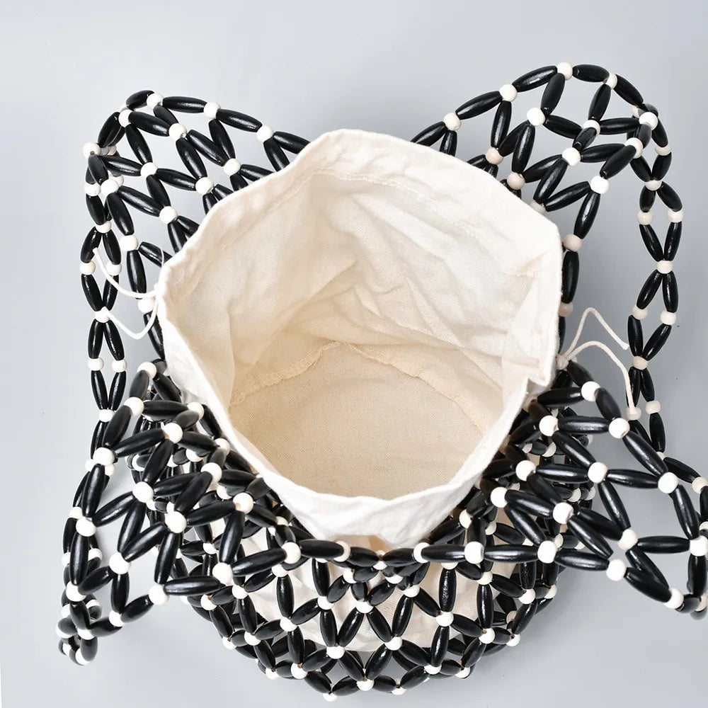 Women Woven Hand Bag Exquisite Design Hollow-out Wooden Bead Tote Bucket Shoulder Bag Female Handmade Beaded Handbag