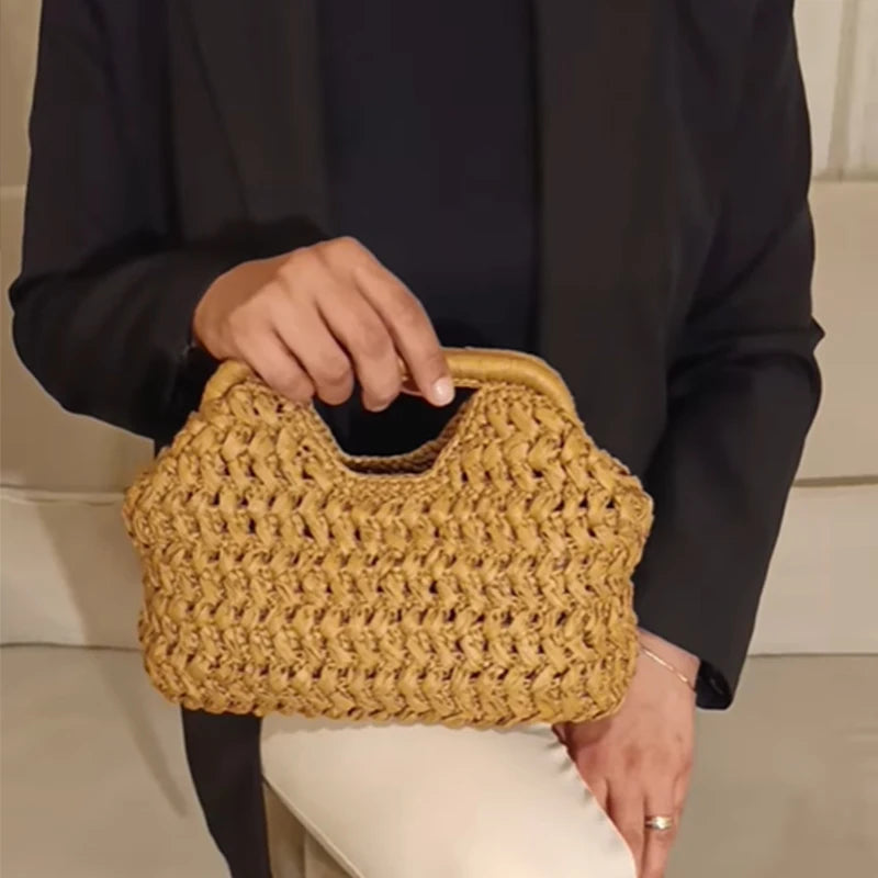 Natural Fiber Snap Clutch Bag,Spanish Seaside Women's Straw Woven Handbag,Summer Beach Travel Vacation Evening Elegant Purse