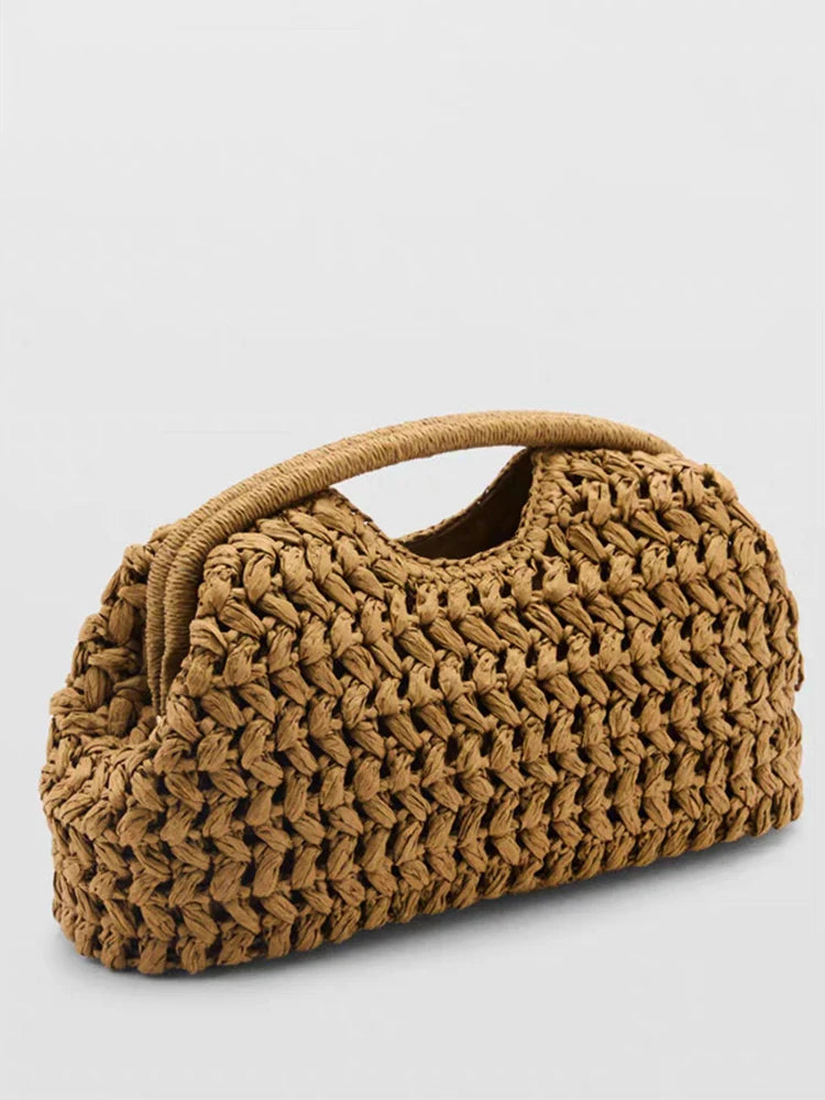 Natural Fiber Snap Clutch Bag,Spanish Seaside Women's Straw Woven Handbag,Summer Beach Travel Vacation Evening Elegant Purse