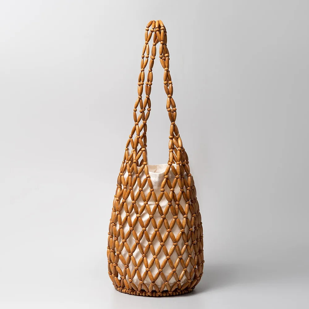 Women Woven Hand Bag Exquisite Design Hollow-out Wooden Bead Tote Bucket Shoulder Bag Female Handmade Beaded Handbag