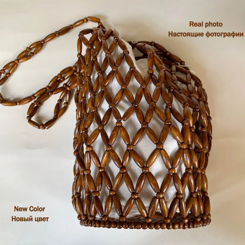Women Woven Hand Bag Exquisite Design Hollow-out Wooden Bead Tote Bucket Shoulder Bag Female Handmade Beaded Handbag